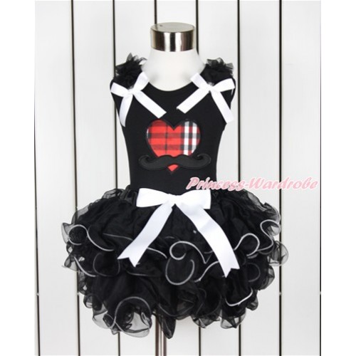 Valentine's Day Black Baby Pettitop with Black Ruffles & White Bow & Mustache Red Black Checked Heart Print with White Bow Black Petal Baby Pettiskirt NG1389 